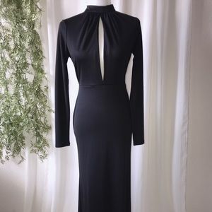 Black mock neck open front and back long gown